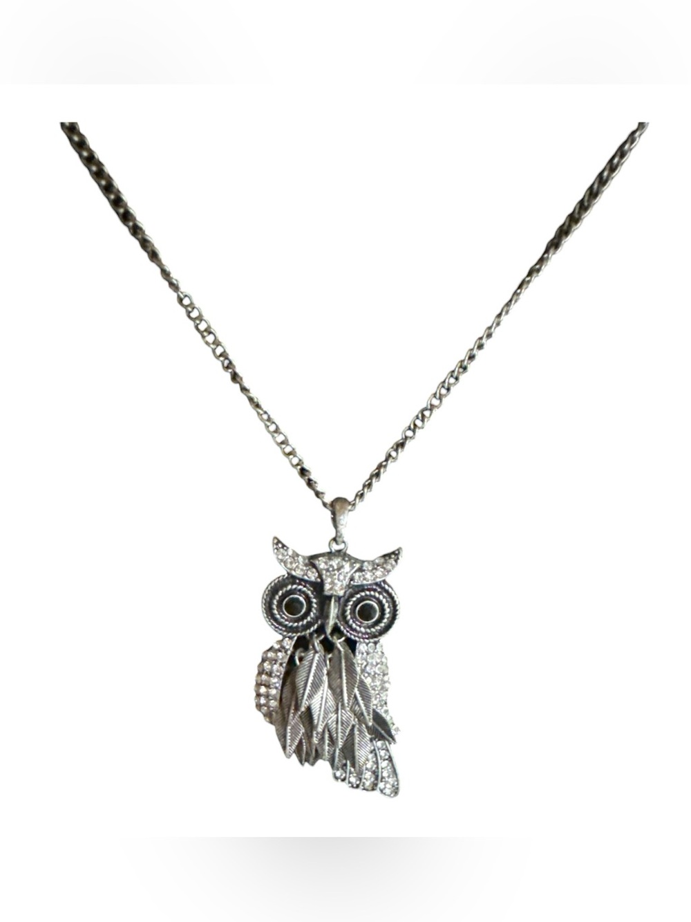 Aeropostale 1987 Collection Rhinestone Owl Pendant Necklace Silver Tone 31” EUC - Picture 2 of 8